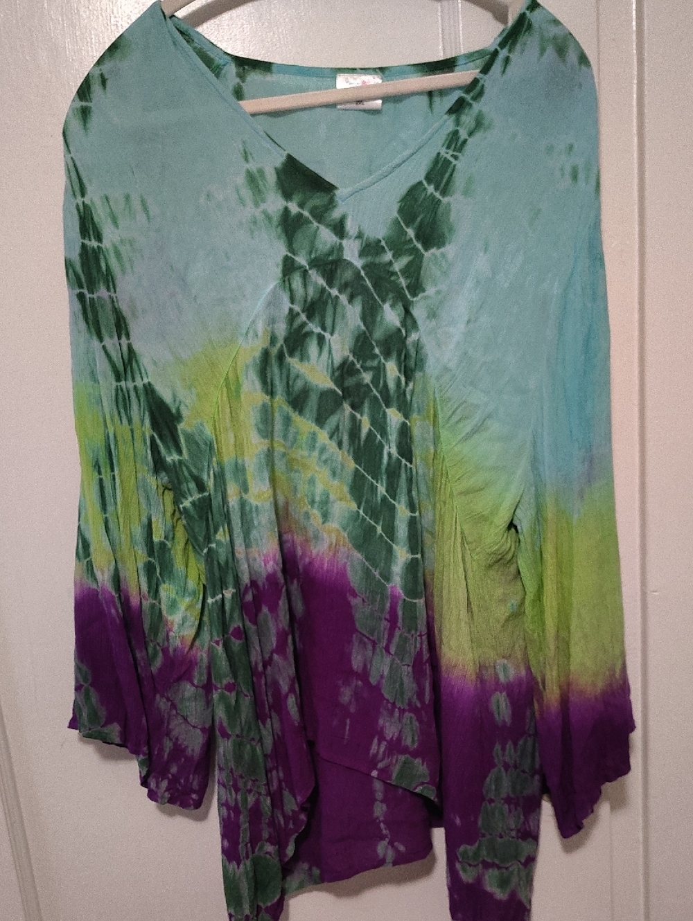 Boho Tie-Dye V-Neck Tunic Top - Teal, Lime & Purple
